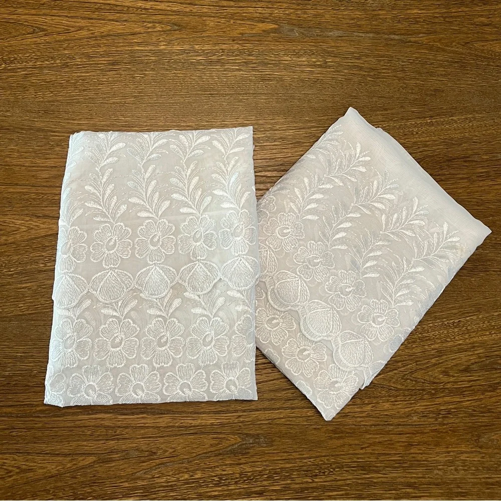 White Double Layer Sheer Curtain with Embroidered Flowers, 55”x80”, Polyester
